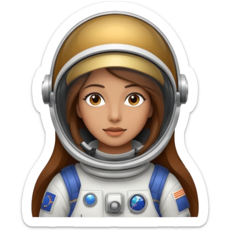 woman with long brown hair and brown eyes.  space ship captain with white military hat sticker
