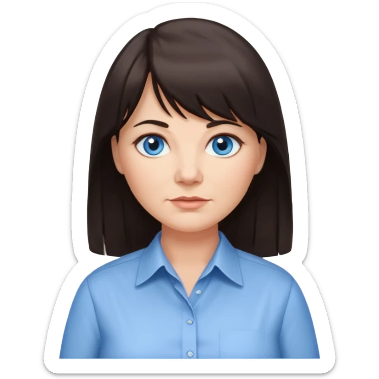 50 yr old woman, blue eyes, long straight dark brown hair, business shirt, chubby, bangs, long hair sticker
