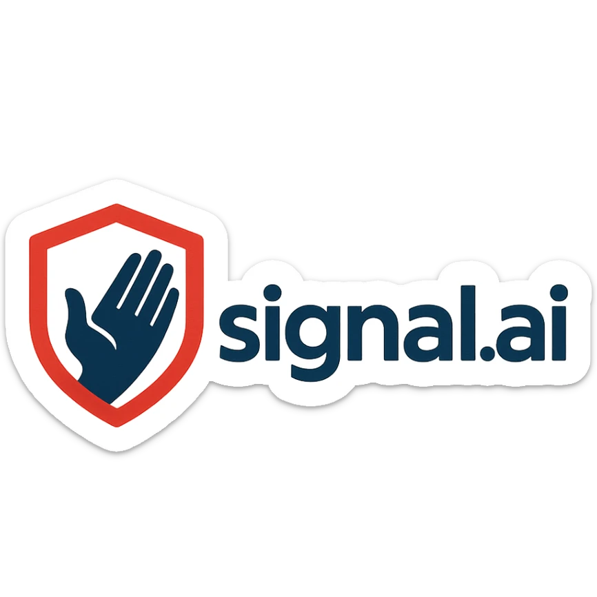 logo for signal.ai, dashboard for first responders, text 'signal.ai' with a symbol of assistance like a helping hand or shield, modern, energetic, trustworthy sticker