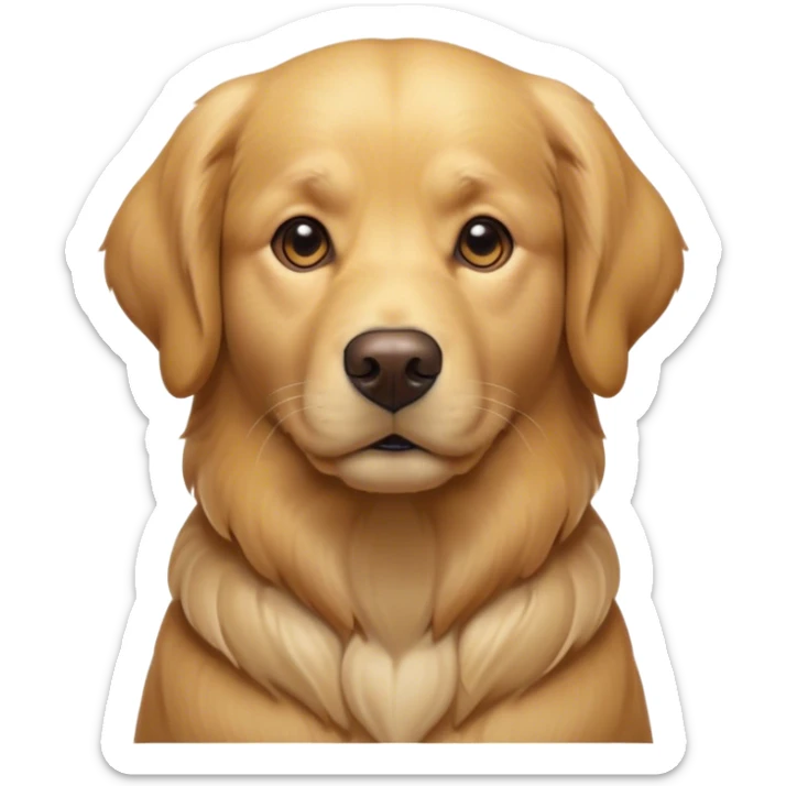 Cinematic Noble Golden Retriever Portrait Emoji, Poised and regal, with a strong, athletic build and a lustrous, well-groomed golden coat, deep-set soulful brown eyes, Simplified yet sharp and sophisticated features, highly detailed, glowing with a soft, dignified glow, high shine, intelligent and friendly, stylized with an air of warmth, focused and attentive, soft glowing outline, capturing the essence of a watchful and confident companion, so majestic it feels as though it could bound out of the screen with effortless authority! sticker