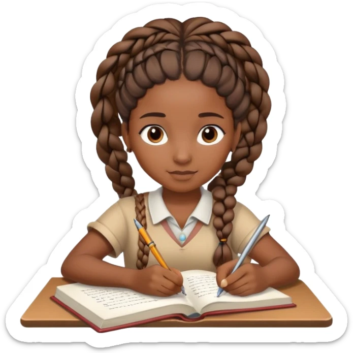 African girl student with brown skin and braided hair writing with book and pen sticker