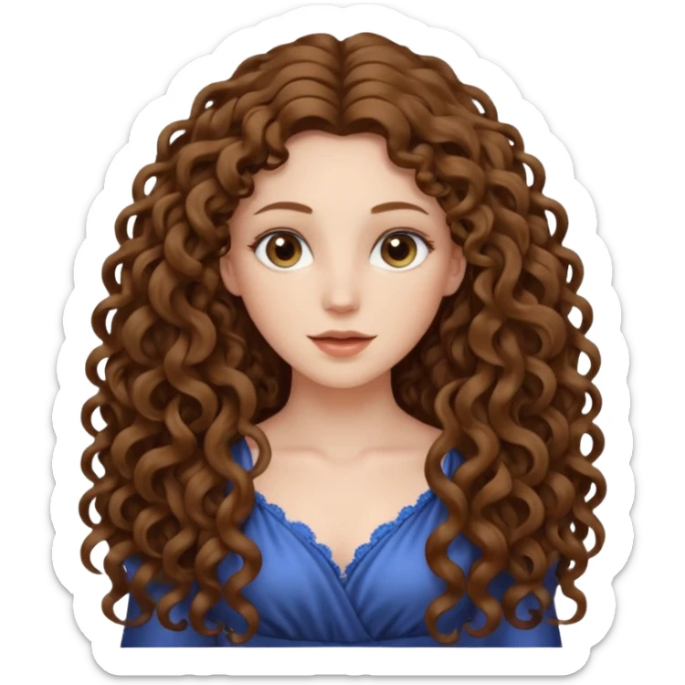 pale woman with brown curly very long hair, middle part. the hair is very very very very very very long, waist length, but you can't see her waist sticker