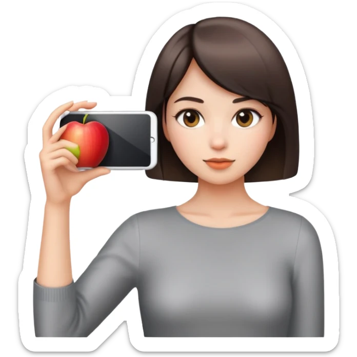 beautiful young lady with short straight hair taking a photo, upper body view, Apple emoji style sticker