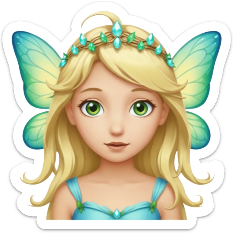 dirty blonde haired girl with blue-green eyes as a fairy wearing light yellow  sticker
