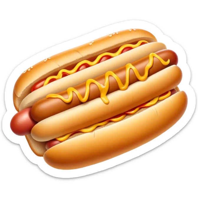 Cinematic classic hot dog, nestled in a soft toasted bun, drizzled with mustard and ketchup, juicy and flavorful, warm golden tones, ultra-detailed and mouthwatering. sticker