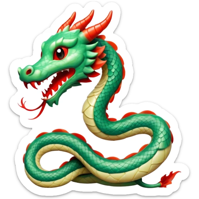 Cinematic Cute Chinese Serpent Dragon Portrait Emoji, Head tilted playfully and inquisitively, showcasing a slender, flowing body with vibrant jade scales and soft vermilion accents intertwined with whimsical wisps of cloud and water details; rendered with realistic finesse and warm natural light, high shine, charming and spirited, styled with a touch of mythic whimsy, soft glowing outline, capturing the essence of a mischievous yet endearing celestial dragon poised to weave magic into your dreams! sticker