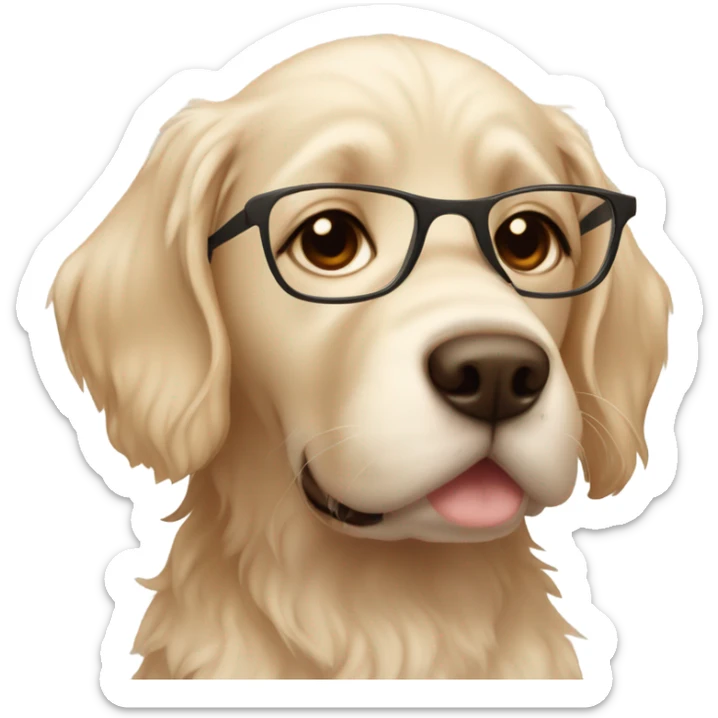 Smiling girl with long dark wavy brown hair and red glasses next to a shaggy beige Labrador puppy sticker