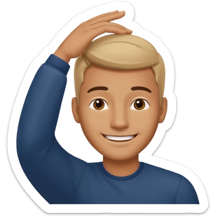 Picture of a handsome man smiling like he is very confident in himself with his hand on his head sticker