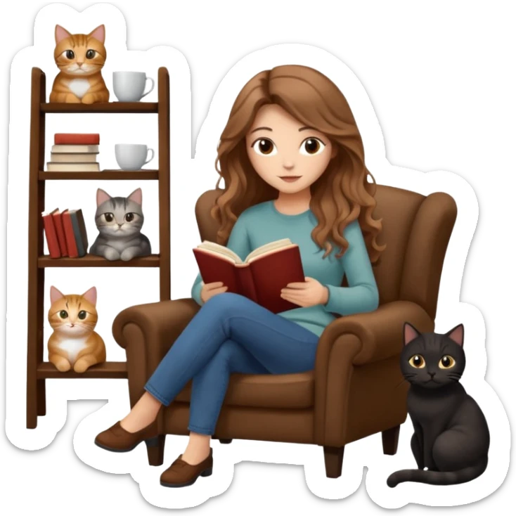scene of a woman with long light brown wavy hair and light brown eyes reading a book, sitting on a comfortable reading chair, two cats next to her (one black cat and one brown tabby cat), small table beside her with a cup of coffee, in a garden full of lavender flowers, cozy and peaceful atmosphere sticker