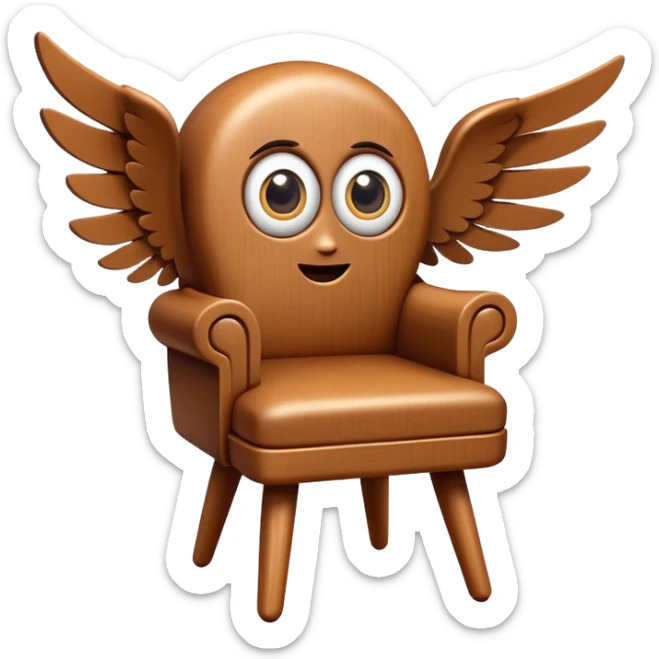 A wooden chair with big cartoon eyes, flying through the air with small wings sticker