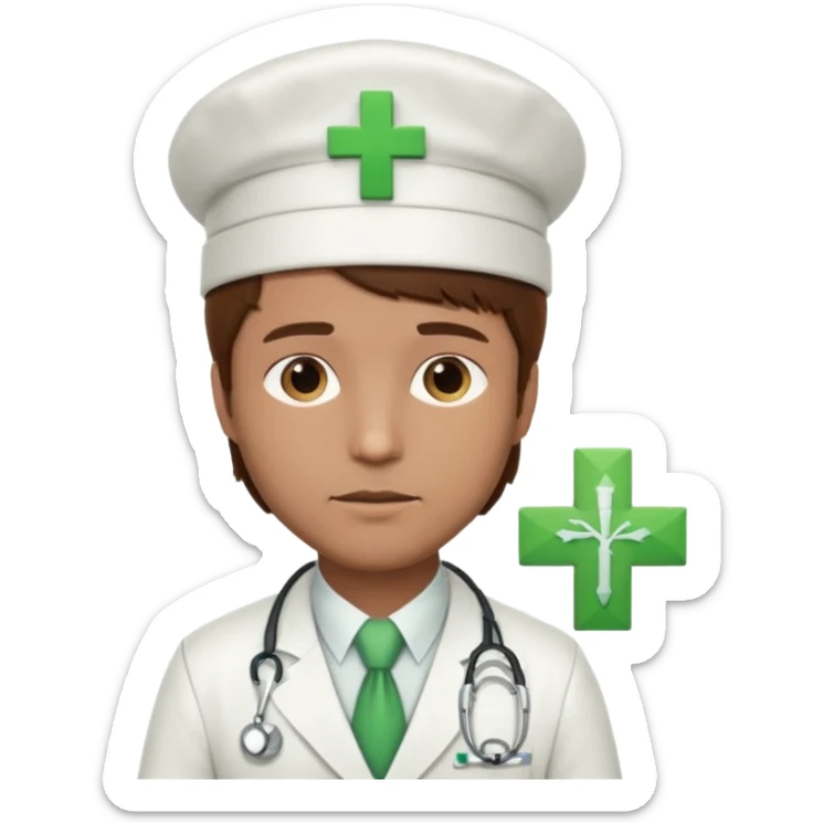 a doctor in white suit with a doctor hat with green cross brown hair man sticker
