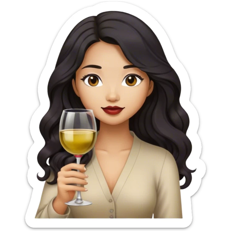 tan asian girl with black long wavy hair holding glass of wine sticker