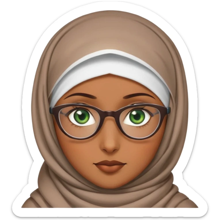 A brown girl with a hijab with eye glasses with green eyes sticker