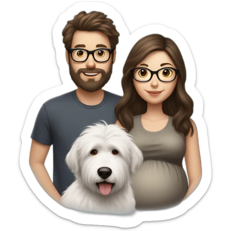 Hyperrealist pregnant girl with half long brown hair with glasses, a boy with long beard, glasses and short hair and english sheepdog sticker