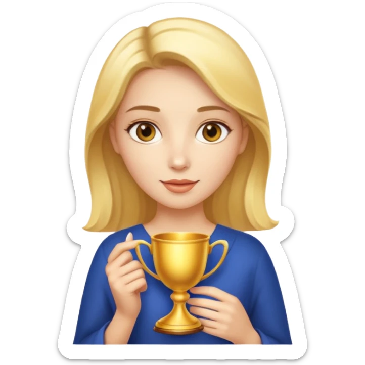 A woman holds a golden cup in her hands. There is a glow around the girl. sticker