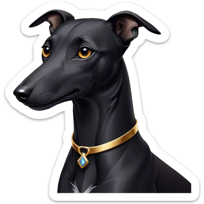 Cinematic Noble Black Greyhound Portrait Emoji, Poised and regal, with a lean, graceful build and a sleek, jet-black Fur, deep-set soulful dark eyes, Simplified yet sharp and sophisticated features, highly detailed, glowing with a soft, dignified glow, high shine, intelligent and swift, stylized with an air of elegance, focused and attentive, soft glowing outline, capturing the essence of a watchful and commanding racer, so majestic it feels as though it could sprint out of the screen with effortless authority! sticker