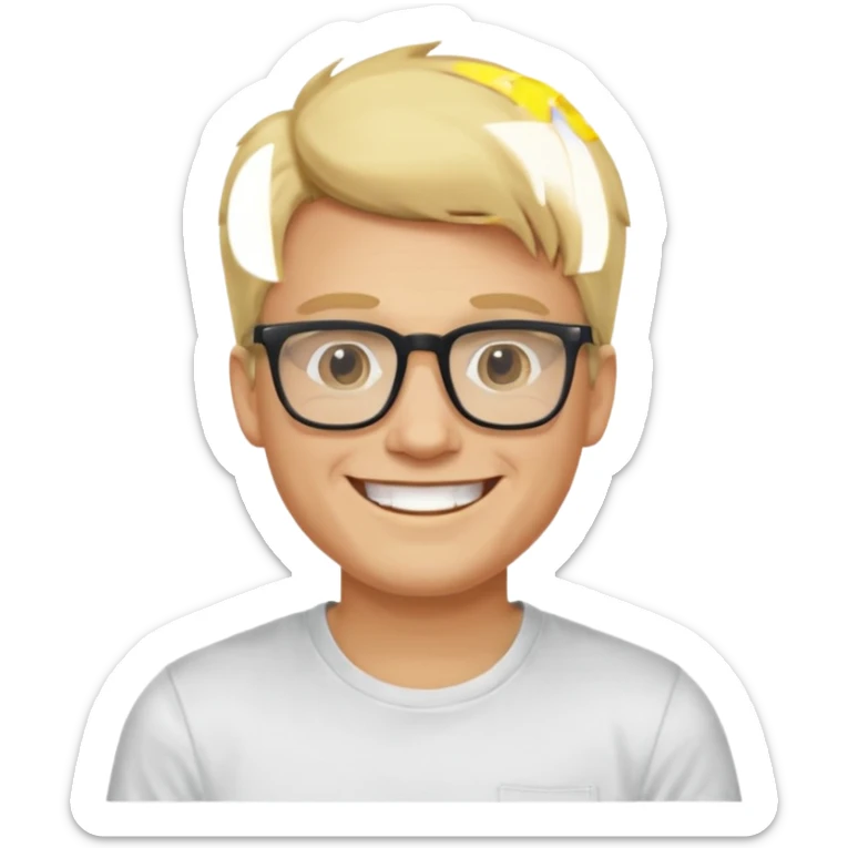 portrait of adult man no old man, wearing a t-shirt, square glasses, grinning face, blond hair sticker