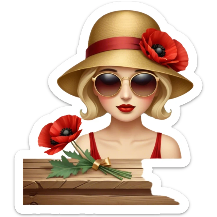 A lush bouquet of deep red poppies tied with a faded gold ribbon, resting on an antique wooden table. Warm brown leaves and golden sunlight add a vintage charm. sticker