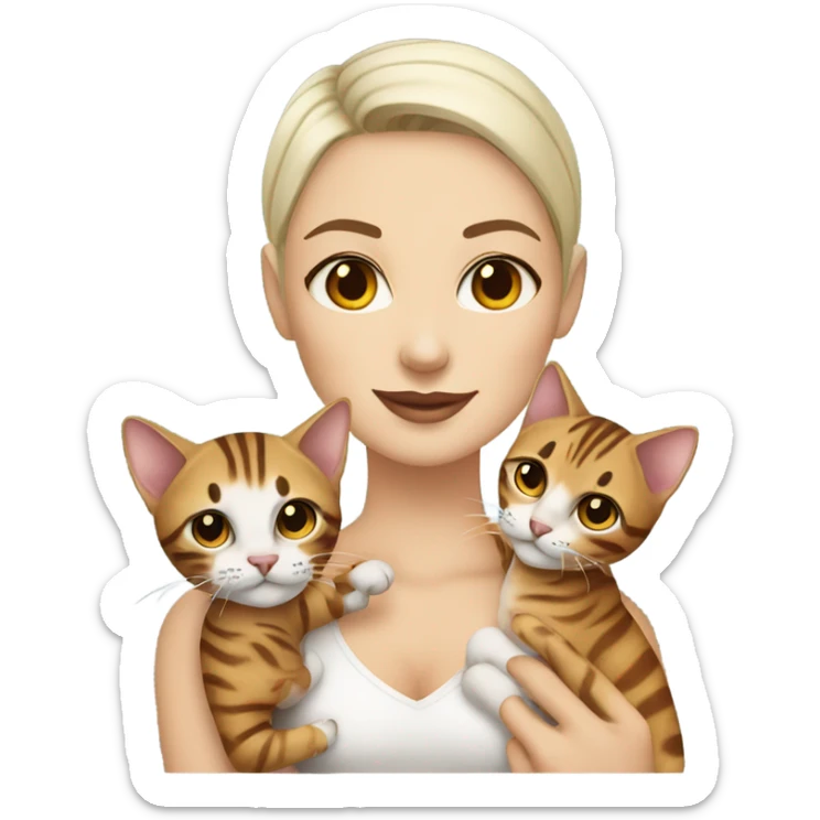 bald white girl with brown eyes and tattoos holding a bengal cat sticker