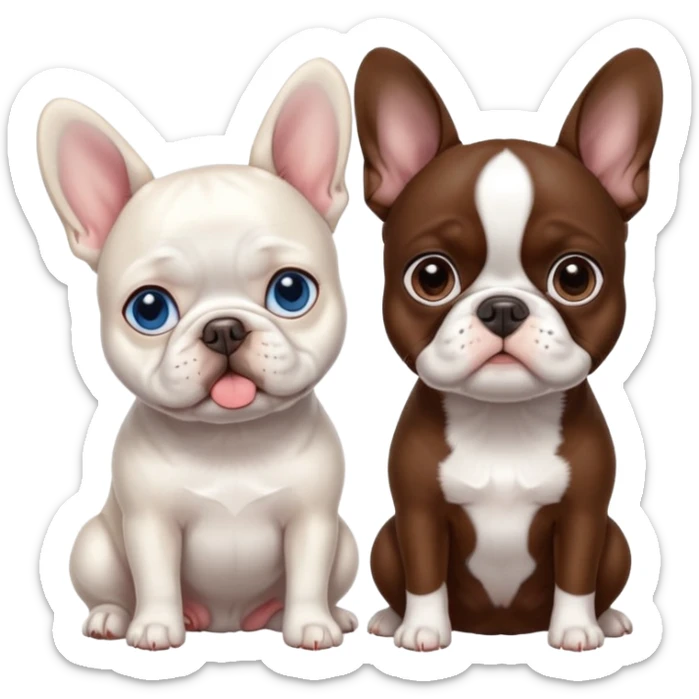 All pure White French bulldog with blue eyes sitting next to brown Boston terrier sticker