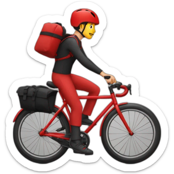Garçon en tenue rouge sur un vélo noir vélo avec un sac tout rouge cubique, carré sticker