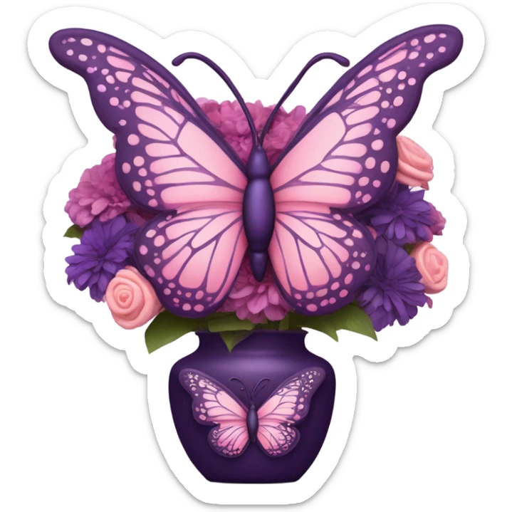 Aesthetic butterfly with purple and pink wings sitting on a dark purple bouquet of Brats in a pastel pink vase  sticker