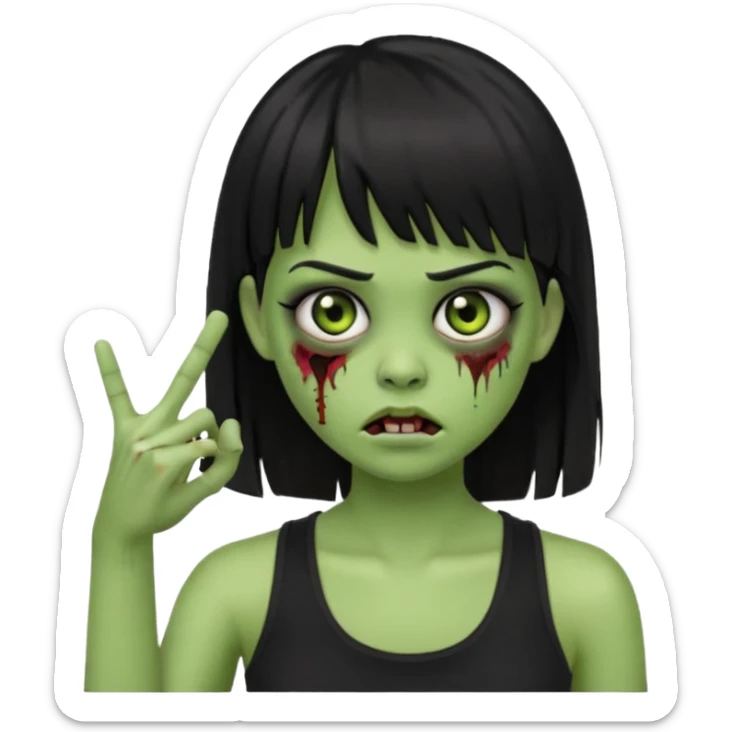 Crie um emoji de zumbi garota do iphone, que tenha o cabelo preto longo, pele levemente esverdeada, de cumprimento no peito, que tenha uma franja no tamanho da sobrancelha, com os olhos escuros e que use uma regata preta sticker