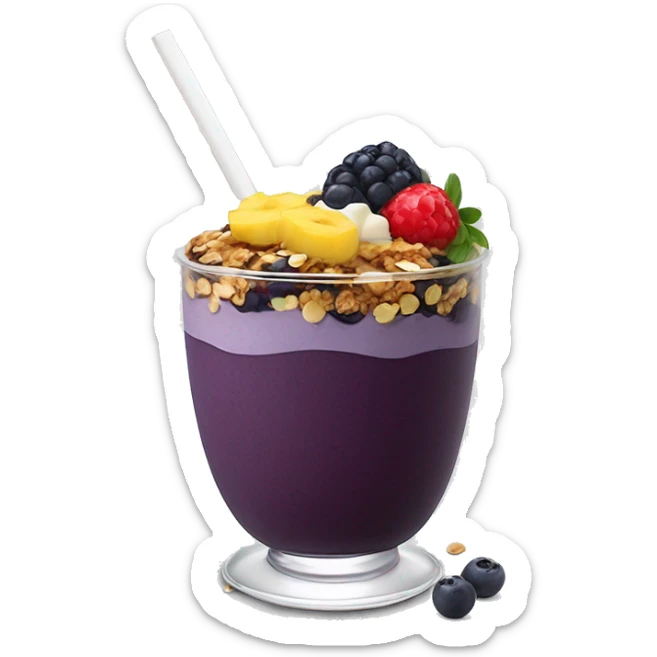 Açaí in a clear cup with layers of fruits and granola and condensed milk sticker