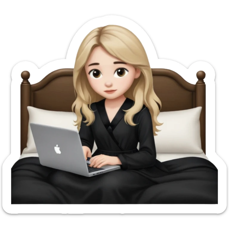 Sabrina carpenter in a black nightdress sitting on a bed with her laptop open  sticker