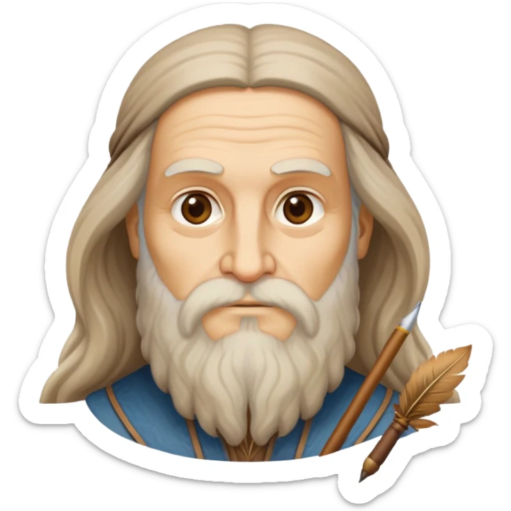 cinematic-realistic-leonardo-da-vinci-portrait-emoji,-depicted-as-the-quintessential-renaissance-polymath-with-deep,-thoughtful-eyes,-a-flowing-beard,-and-a-quill-or-sketchbook-in-hand.-the-scene-is-illuminated-with-warm,-classical-light sticker