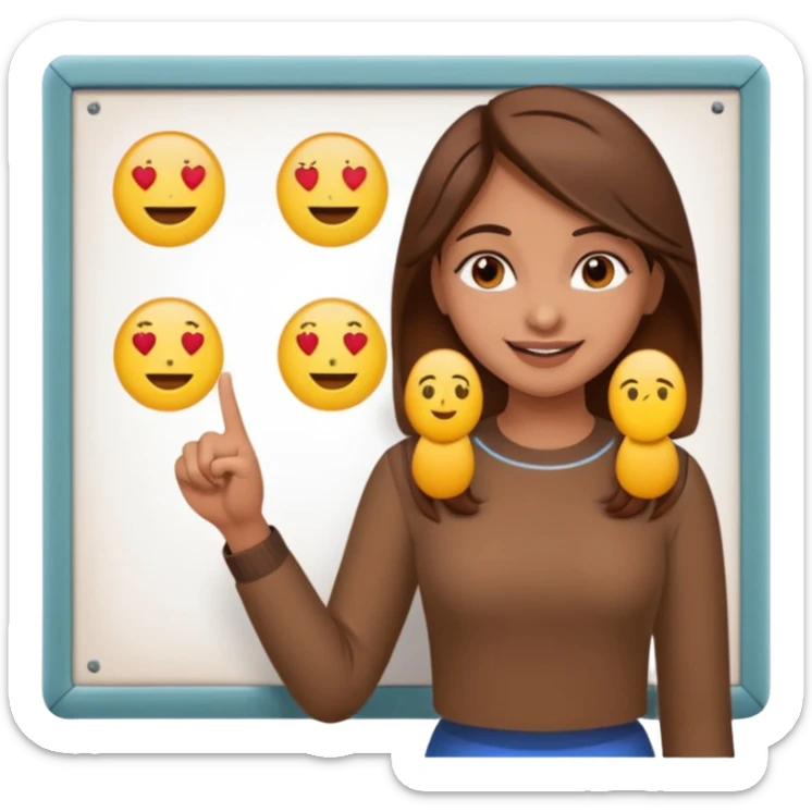Make an emoji of a Indian origin but fair skinned girl with brown hair who is teaching how to make emojis on a board pointing to the board like a teacher sticker