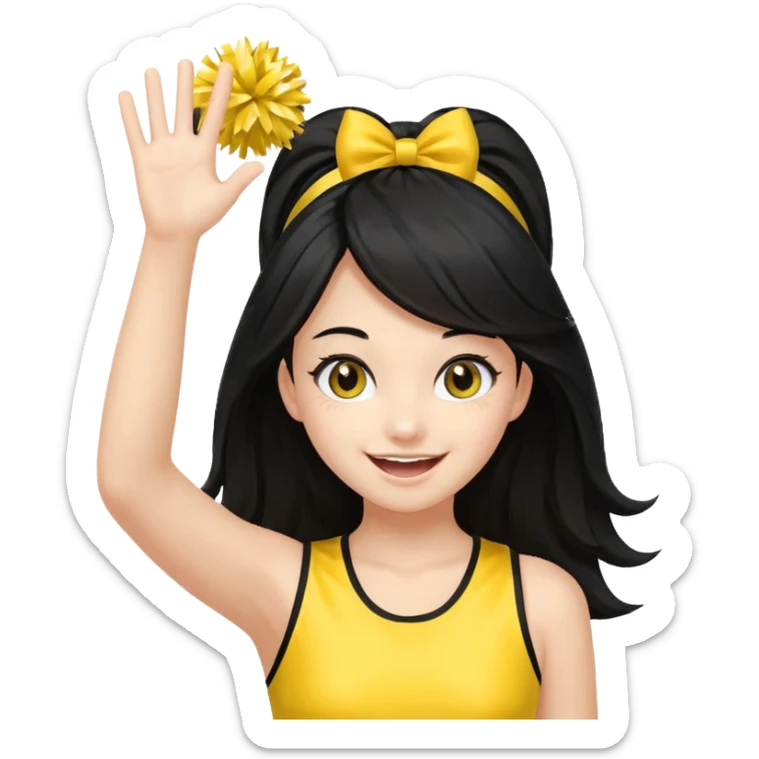 A long black hair teen girl waving pom-poms, eyes sparkling with excitement, yellow cheer leader top sticker