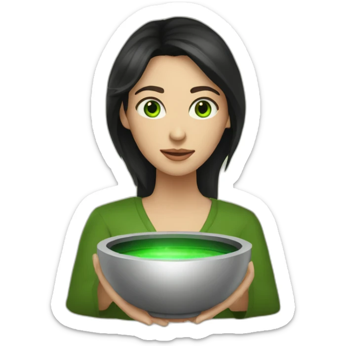 sound bowl healer woman with long dark hair and green eyes sticker