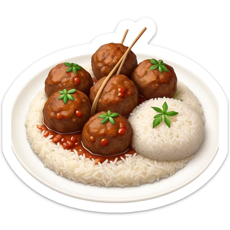 Kofte Cinematic Realistic Kofte Dish Emoji, depicted as spiced meatballs served alongside a portion of fragrant rice, rendered with rich textures and warm, appetizing lighting. sticker