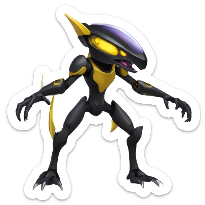 a shiny black-yellow Genesect-Raptor-Fakémon—hybrid with a futuristic visor-helmet full body sticker