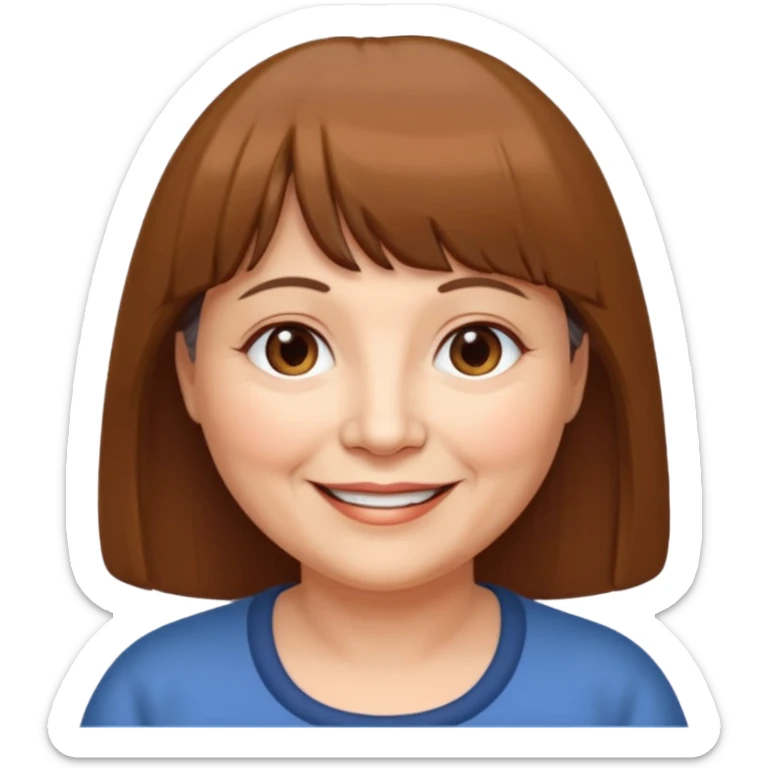 60 yr old woman, very small brown eyes, long straight brown hair, bangs, chubby sticker