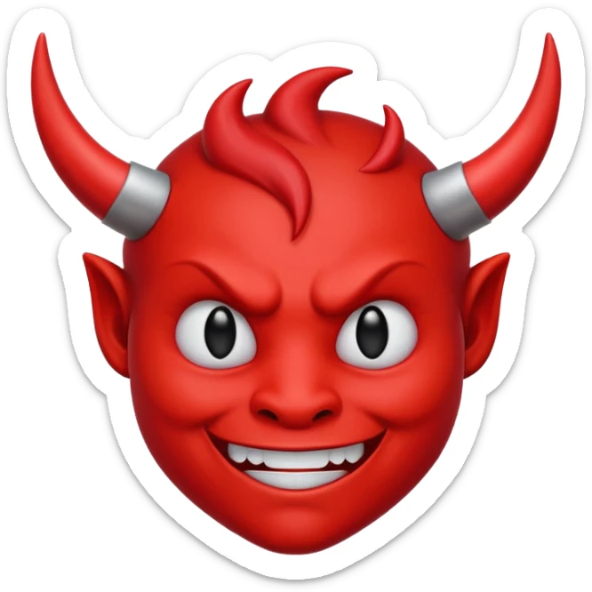 CARTOON STYLE EMOJI of a RED DEVIL FACE with small HORNS pointing up, BLACK EYES, and a MISCHIEVOUS SMILE. The entire face is RED with a smooth glossy texture. BACKGROUND is PURE WHITE, clean and simple. sticker