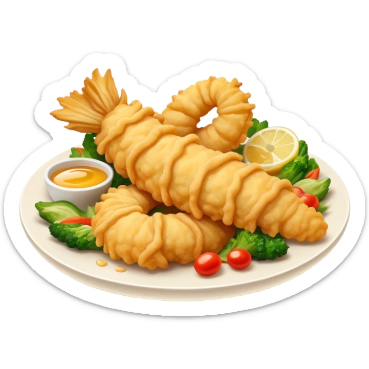 Cinematic Realistic Tempura Dish Emoji, depicted as lightly battered and fried seafood and vegetables rendered with delicate textures and crisp, inviting lighting. sticker