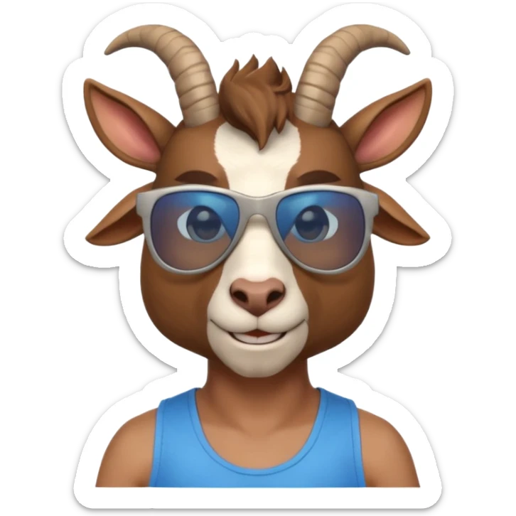 3D cartoon goat man portrait, head and shoulders, brown fur, small horns, blue reflective sunglasses, slight smile, tank top, soft lighting, centered, clean background, no text, no watermark
 sticker