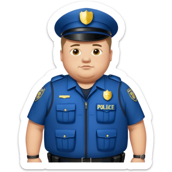 A fat police man with Down syndrome, with a armor vest that has a name tape that says Keller sticker