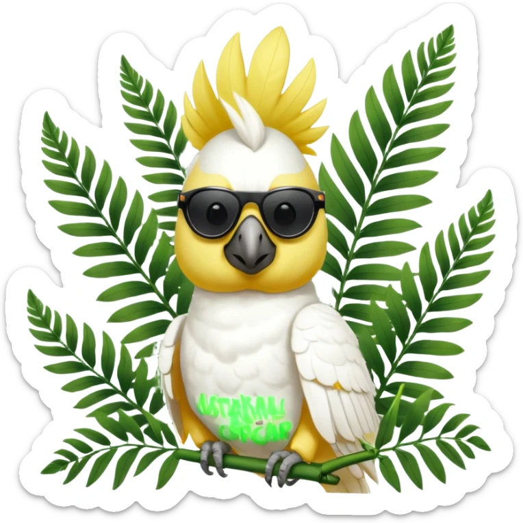 sulfer crested cockatoo wearing sunglasses sitting in a green fern tree with an australian street sign saying 'cockatoo' sticker