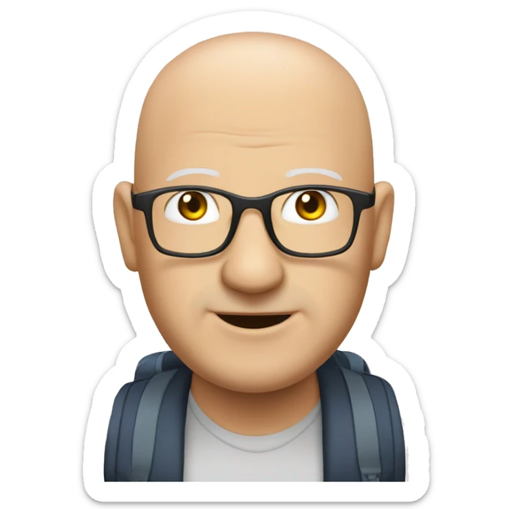 a bald fat friendly man no spectacles and no facial hair who is welcoming in his mid 50s for a travel tour guide company logo sticker