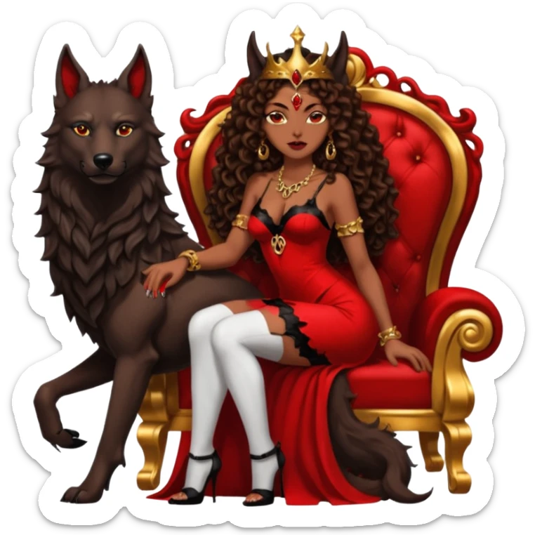 Lilith symbol seductress evil brown curly long hair haired, sexy succubus woman with red and black Chanel dress sitting on a Black and gold throne. A large black wolf laying beside he sticker
