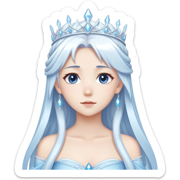 Beautiful anime ice queen with white long pretty hair with light-blue streaks, wearing an icy thin long dress and a silver tiara sticker
