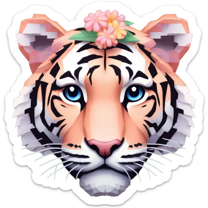 Pixel art of a pixel pink peach beige blue cream pastel pixel tiger wearing tropical flowers and leaves, flower crown, floral, pixel sticker