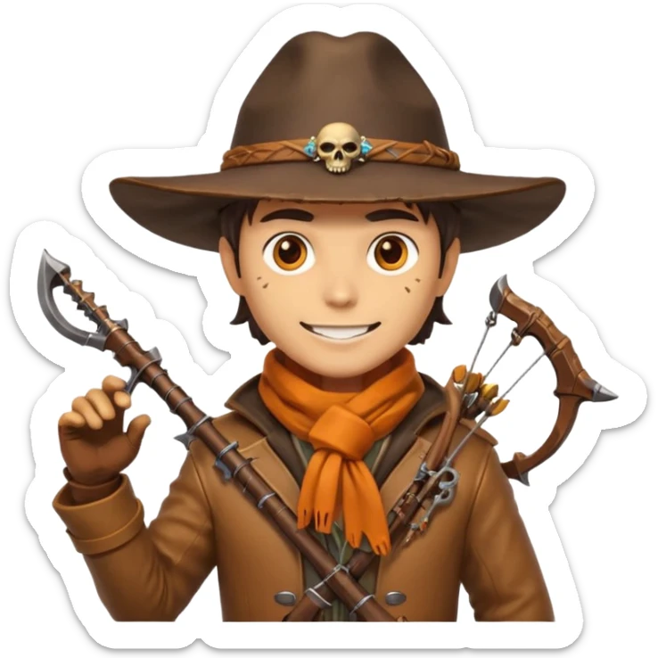 male human monster hunter emoji, wearing brown leather coat and wide hat, holding crossbow or rifle, with amulet shaped like skull, Halloween fantasy theme, confident smile, orange scarf, Apple emoji style, clean white background, square image sticker