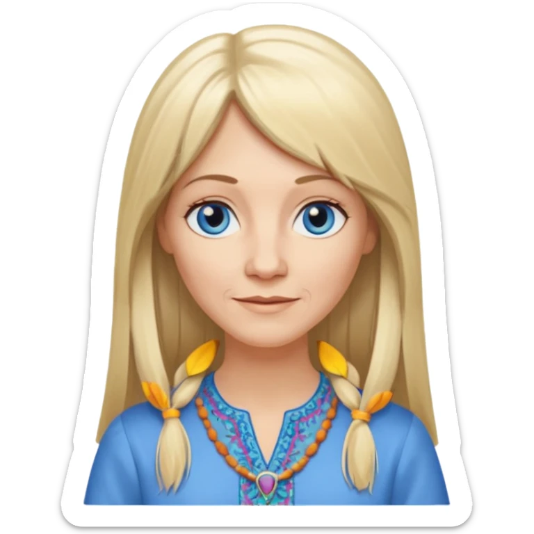 50 yr old white woman, hippie part bangs, very long straight blond hair, oval face, small smile, blue eyes, thin face, hair downback, hair parted at center of head, round cheeks, pale, longer hair, dress shirt sticker