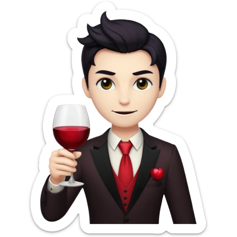 Lucifer from Hazbin Hotel as an apple-style emoji, holding a wine glass, looking sophisticated sticker