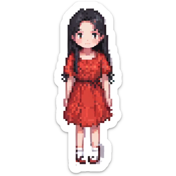 Lilo-inspired girl, pixel art style, red dress, black hair, simple and cute sticker