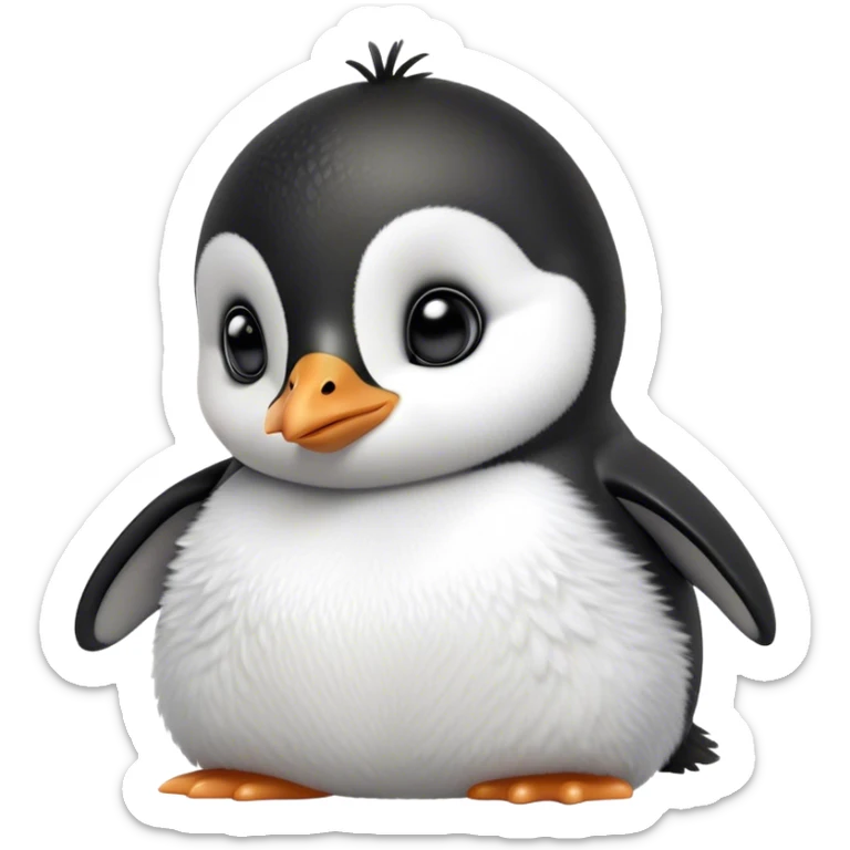 Cinematic Noble Baby Penguin Portrait Emoji, Poised with an air of innocent regality, featuring soft, downy feathers in crisp black and white and wide, soulful eyes, Simplified yet sharp and sophisticated features, highly detailed, glowing with a gentle, dignified polar glow, high shine, intelligent and charming, stylized with an air of cherubic majesty, focused and attentive, soft glowing outline, capturing the essence of a tiny arctic noble that feels as though it could waddle out of the screen with effortless authority! sticker